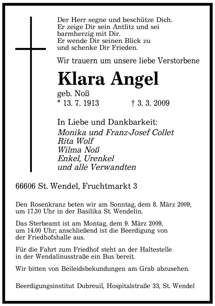  Traueranzeige für Klara Angel vom 05.03.2009 aus SAARBRÜCKER ZEITUNG