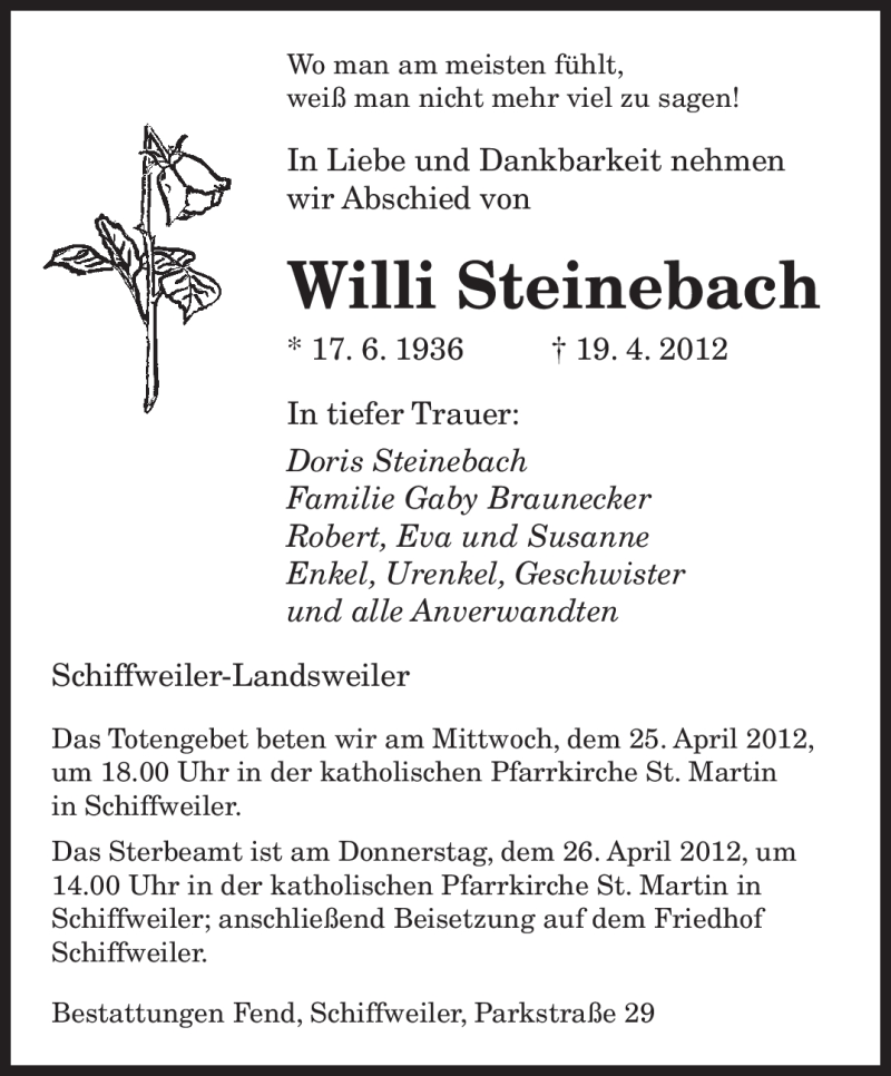  Traueranzeige für Willi Steinebach vom 24.04.2012 aus SAARBRÜCKER ZEITUNG