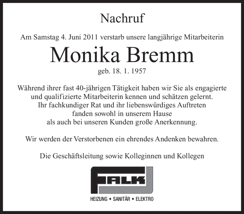  Traueranzeige für Monika Bremm vom 07.06.2011 aus SAARBRÜCKER ZEITUNG
