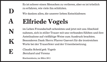 Traueranzeige von Elfriede Vogels von SAARBRÜCKER ZEITUNG