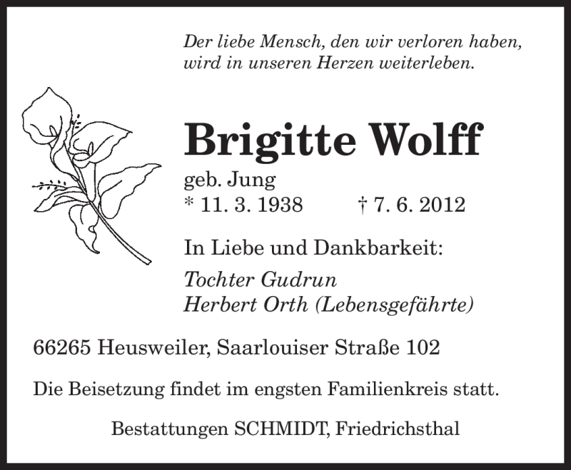  Traueranzeige für Brigitte Wolff vom 09.06.2012 aus SAARBRÜCKER ZEITUNG
