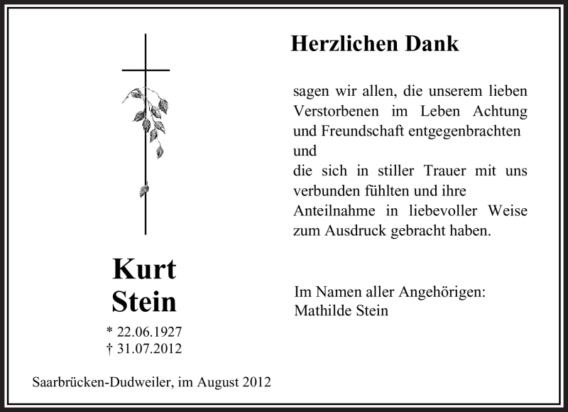  Traueranzeige für Kurt Stein vom 31.08.2012 aus saarbruecker_zeitung