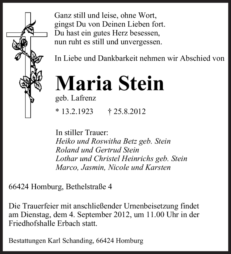  Traueranzeige für Maria Stein vom 31.08.2012 aus saarbruecker_zeitung