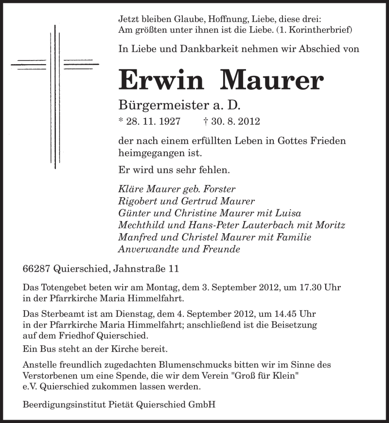  Traueranzeige für Erwin Maurer vom 01.09.2012 aus saarbruecker_zeitung
