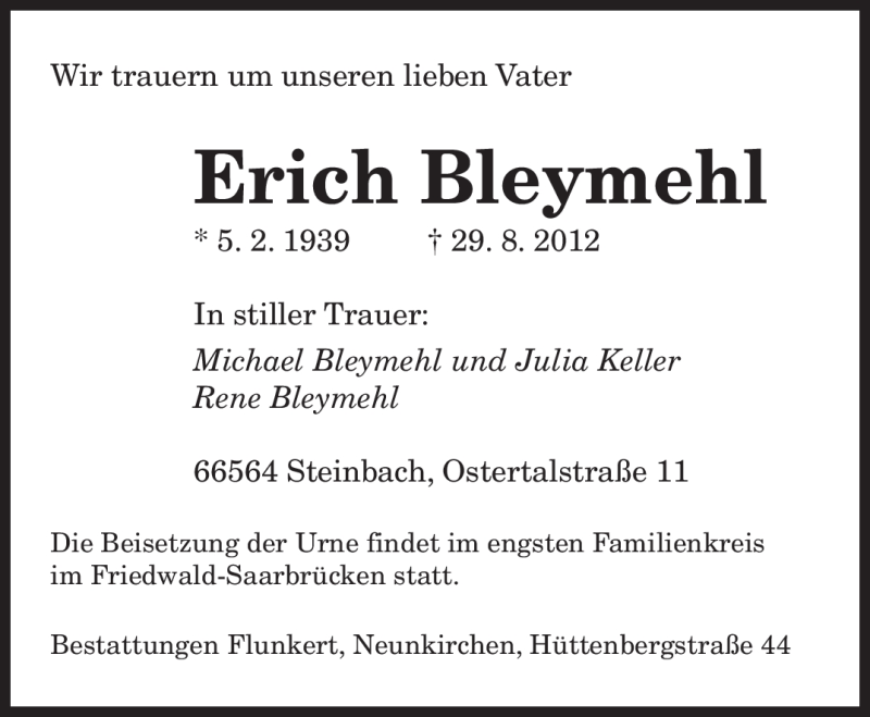  Traueranzeige für Erich Bleymehl vom 03.09.2012 aus saarbruecker_zeitung
