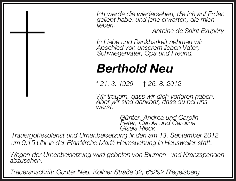  Traueranzeige für Berthold Neu vom 03.09.2012 aus saarbruecker_zeitung