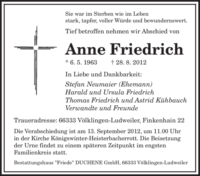  Traueranzeige für Anne Friedrich vom 08.09.2012 aus saarbruecker_zeitung