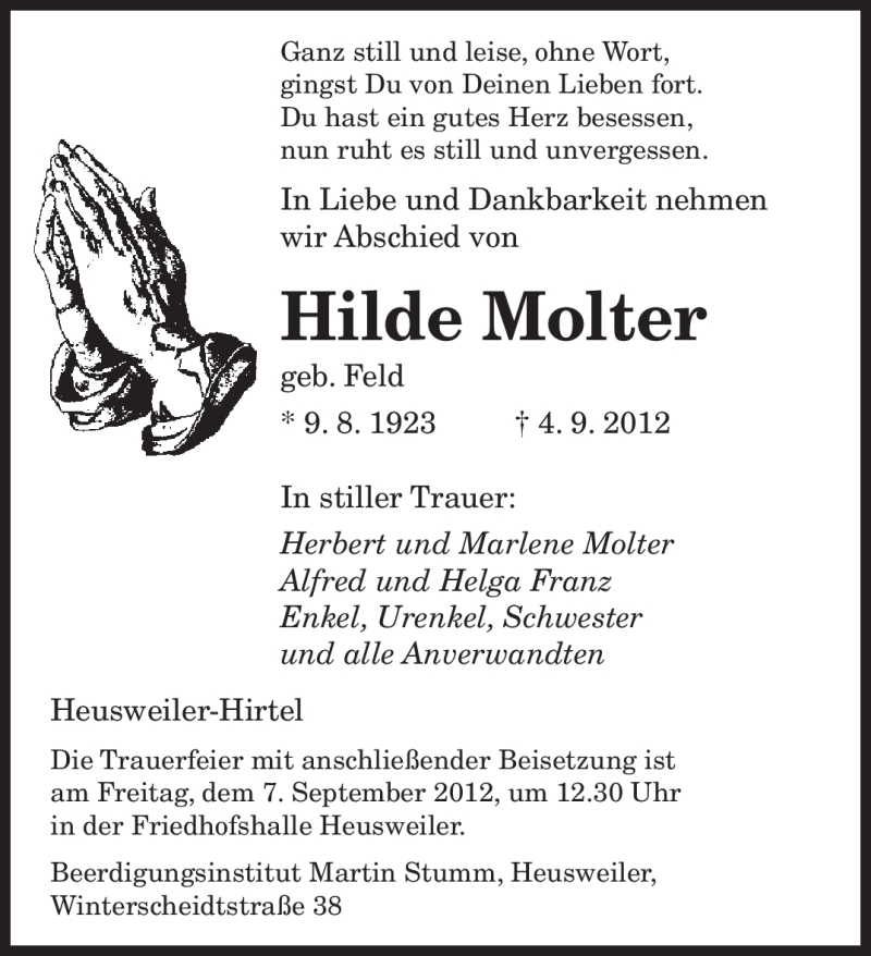 Traueranzeige für Hilde Molter vom 05.09.2012 aus saarbruecker_zeitung