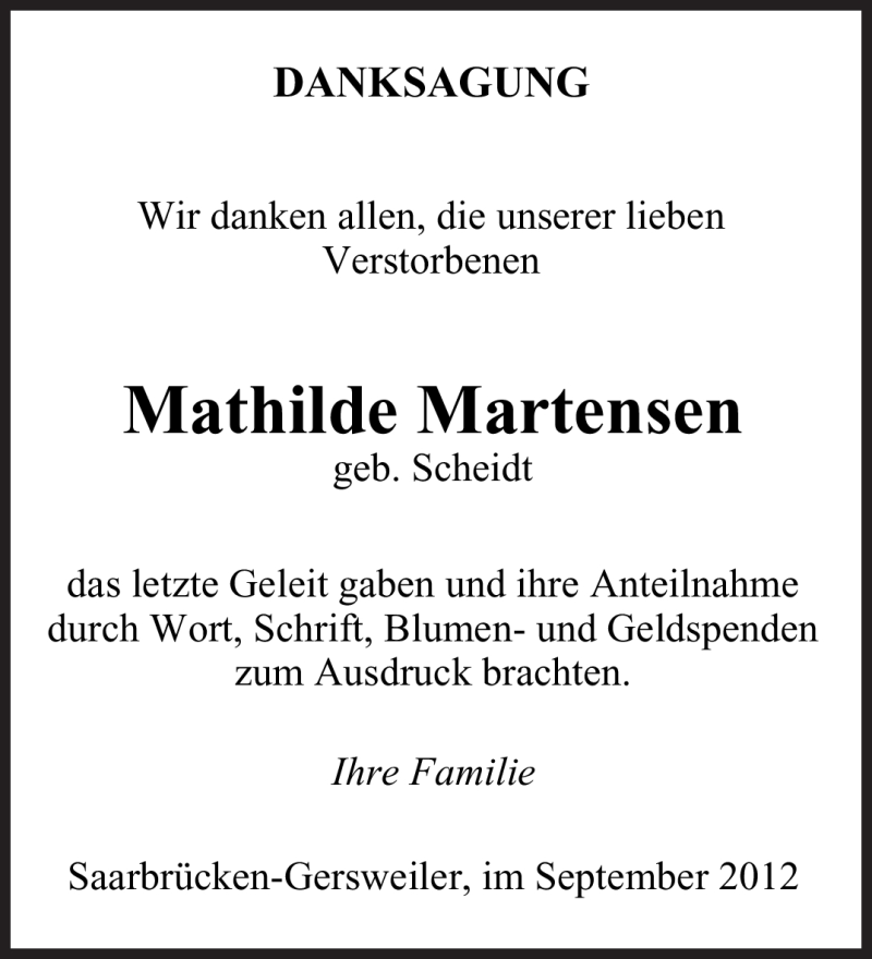  Traueranzeige für Mathilde Martensen vom 08.09.2012 aus saarbruecker_zeitung