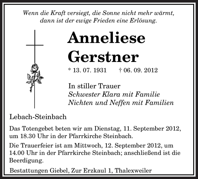  Traueranzeige für Anneliese Gerstner vom 10.09.2012 aus saarbruecker_zeitung