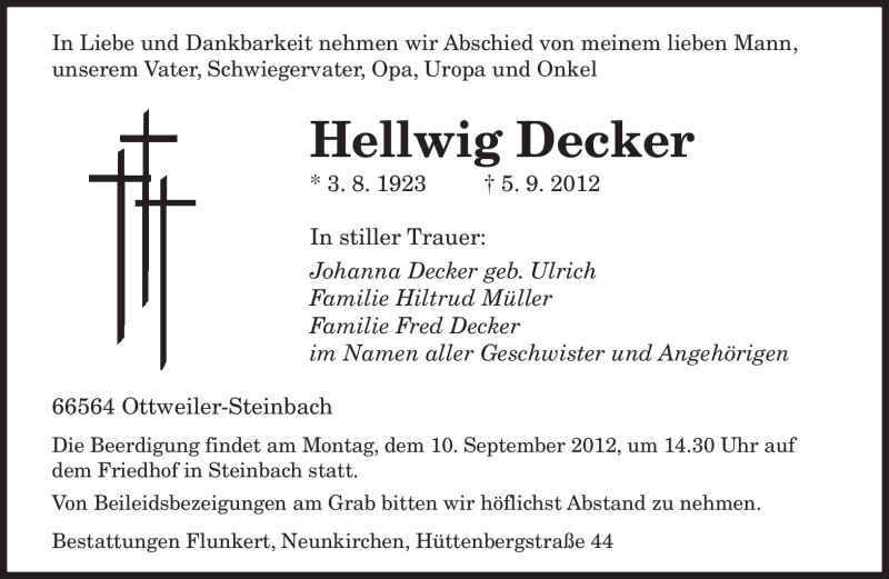  Traueranzeige für Hellwig Decker vom 08.09.2012 aus saarbruecker_zeitung