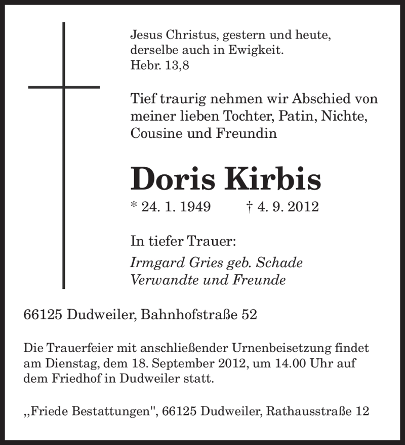  Traueranzeige für Doris Kirbis vom 15.09.2012 aus saarbruecker_zeitung