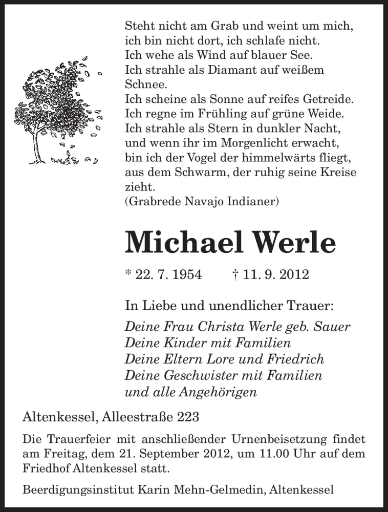  Traueranzeige für Michael Werle vom 15.09.2012 aus saarbruecker_zeitung