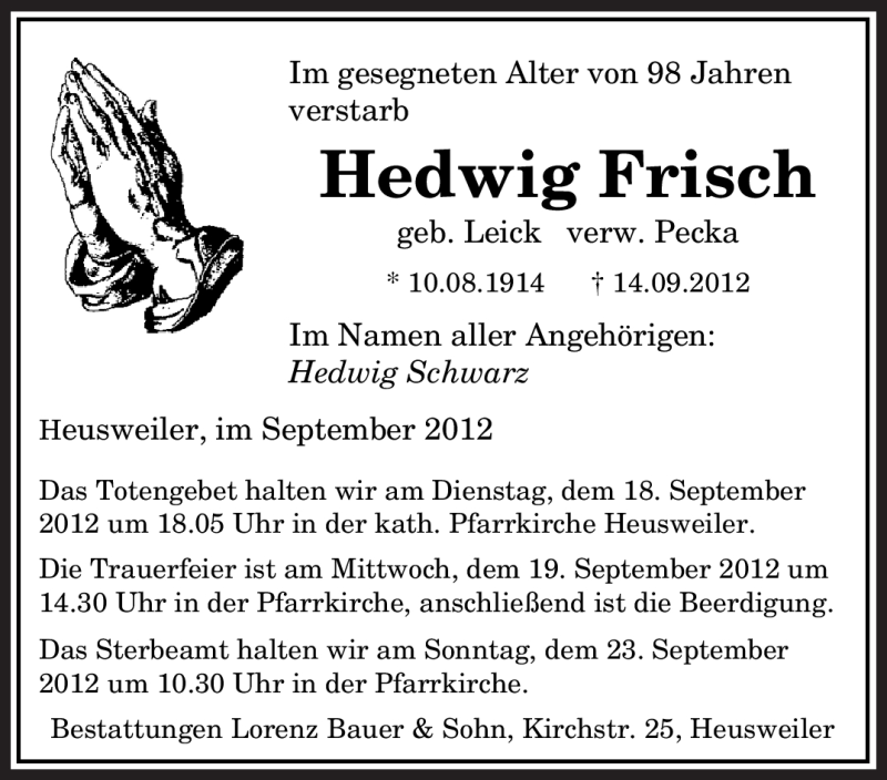  Traueranzeige für Hedwig Frisch vom 17.09.2012 aus saarbruecker_zeitung