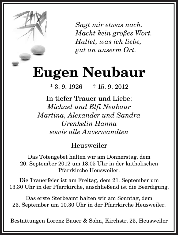  Traueranzeige für Eugen Neubaur vom 17.09.2012 aus saarbruecker_zeitung