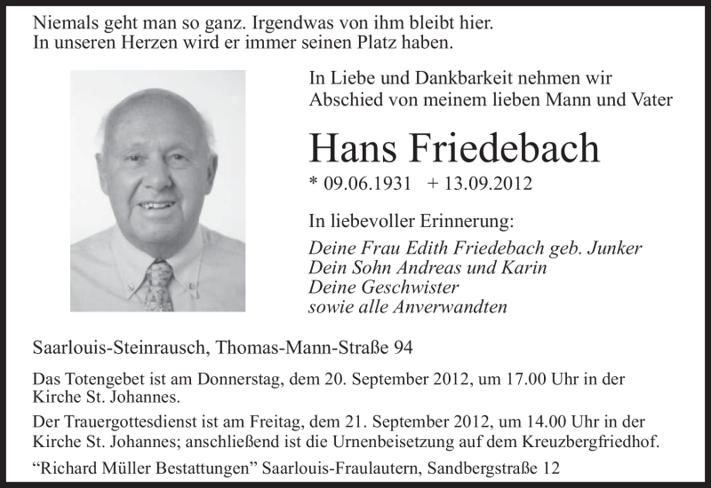  Traueranzeige für Hans Friedebach vom 18.09.2012 aus saarbruecker_zeitung