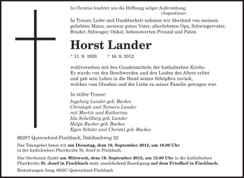 Traueranzeige von Horst Lander von saarbruecker_zeitung