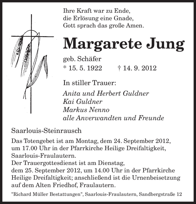  Traueranzeige für Margarete Jung vom 19.09.2012 aus saarbruecker_zeitung