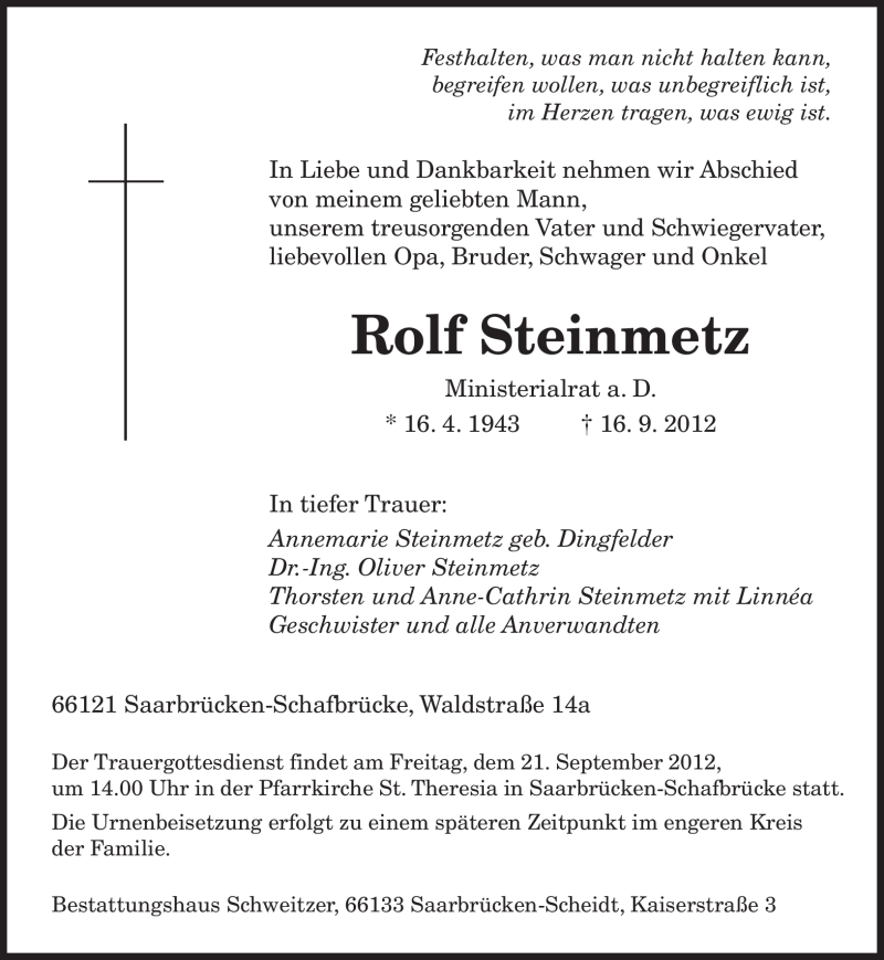  Traueranzeige für Rolf Steinmetz vom 19.09.2012 aus saarbruecker_zeitung