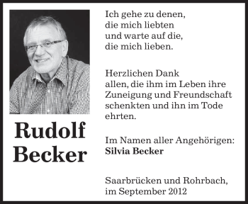Traueranzeige von Rudolf Becker von saarbruecker_zeitung