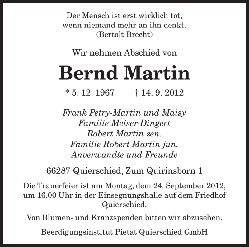  Traueranzeige für Bernd Martin vom 21.09.2012 aus saarbruecker_zeitung