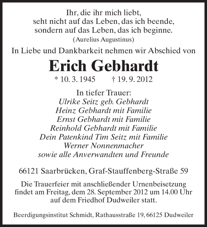  Traueranzeige für Erich Gebhardt vom 22.09.2012 aus saarbruecker_zeitung