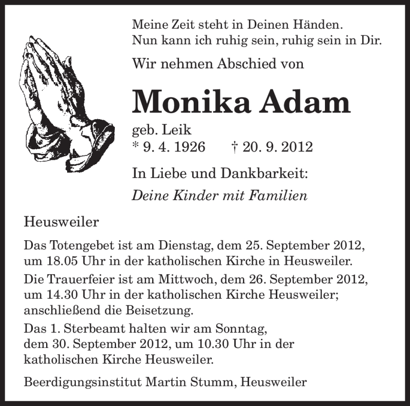  Traueranzeige für Monika Adam vom 24.09.2012 aus saarbruecker_zeitung
