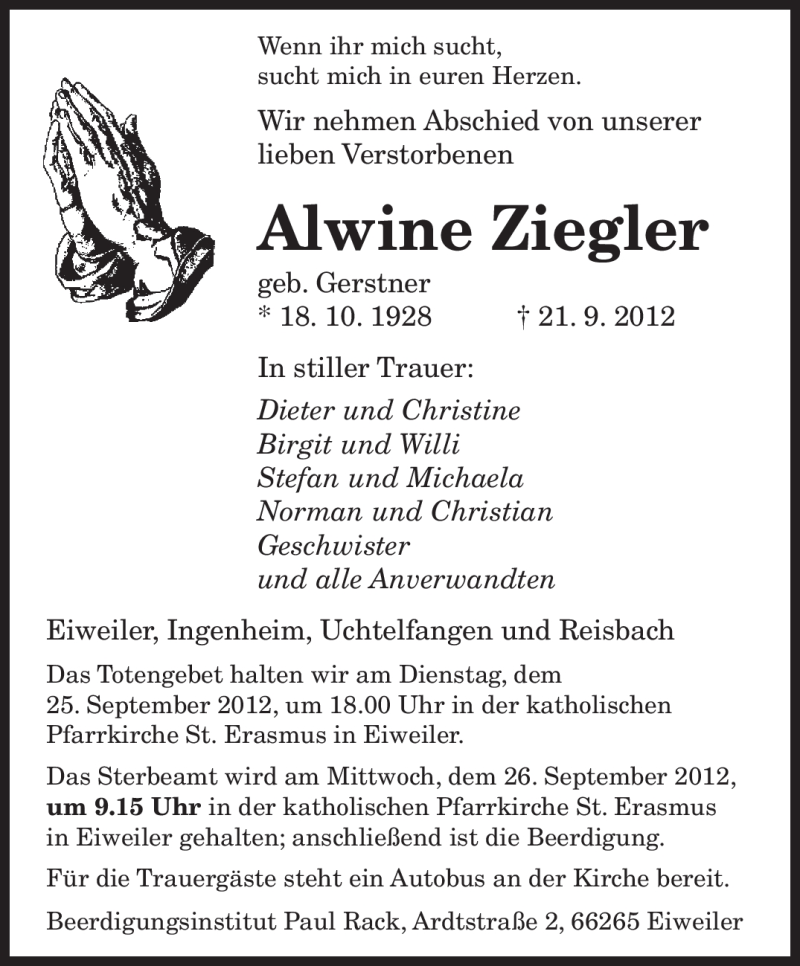  Traueranzeige für Alwine Ziegler vom 24.09.2012 aus saarbruecker_zeitung