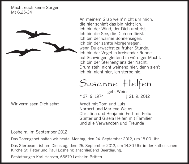  Traueranzeige für Susanne Helfen vom 24.09.2012 aus saarbruecker_zeitung
