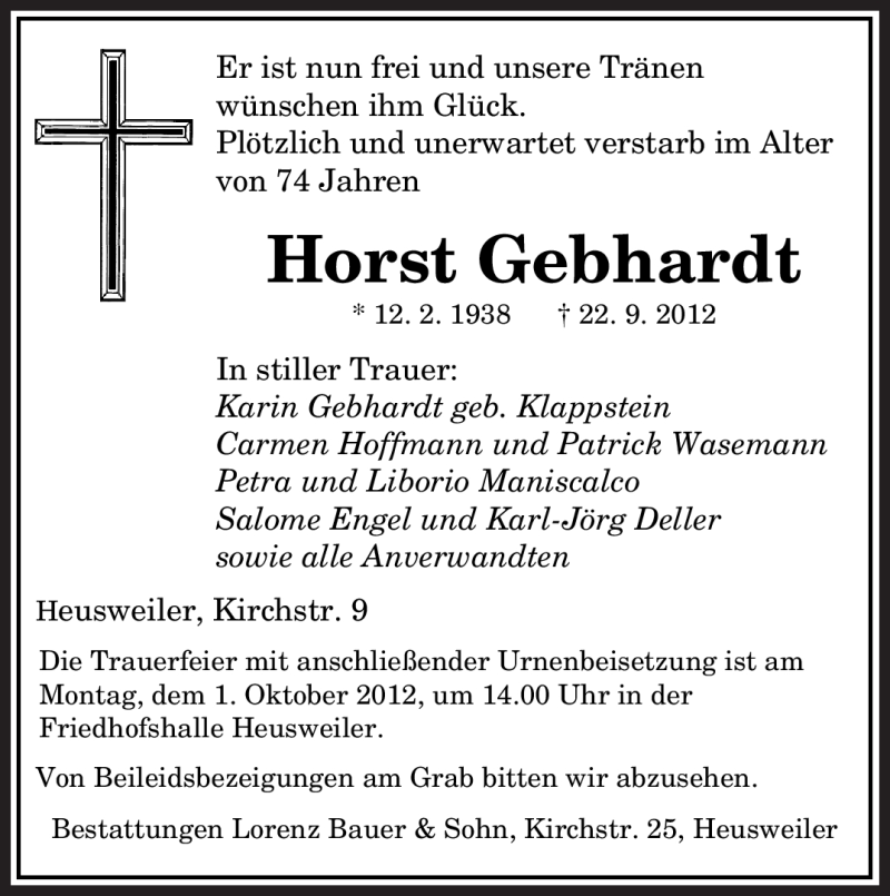  Traueranzeige für Horst Gebhardt vom 27.09.2012 aus saarbruecker_zeitung