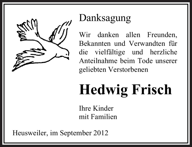  Traueranzeige für Hedwig Frisch vom 29.09.2012 aus saarbruecker_zeitung