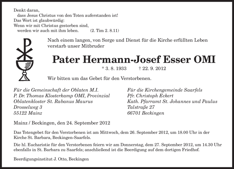  Traueranzeige für Peter Hermann-Josef Esser vom 25.09.2012 aus saarbruecker_zeitung