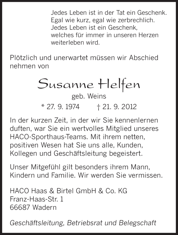 Traueranzeige für Susanne Helfen vom 25.09.2012 aus saarbruecker_zeitung