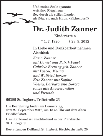 Traueranzeige von Judith Zanner von saarbruecker_zeitung