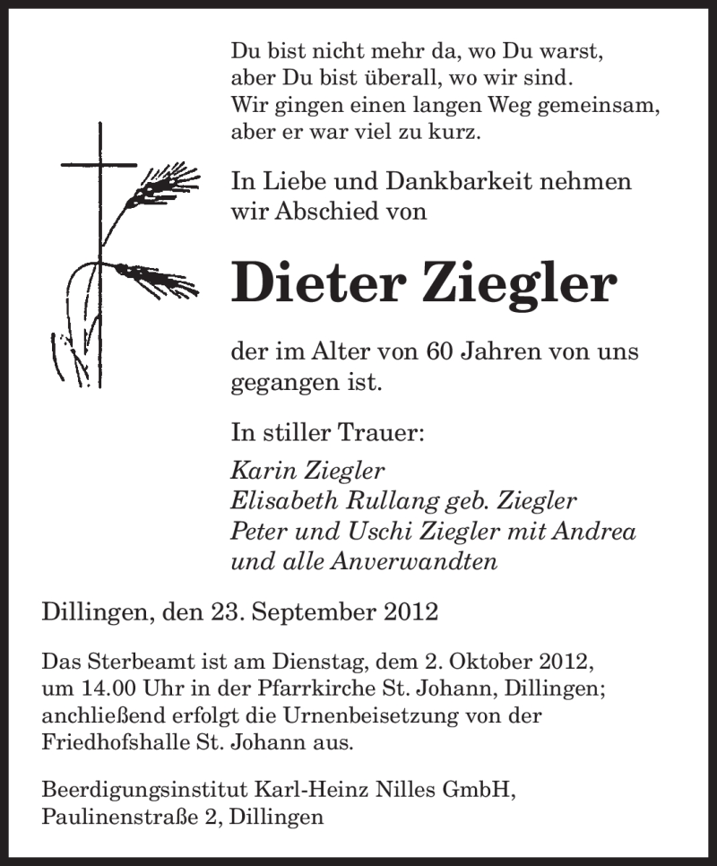  Traueranzeige für Dieter Ziegler vom 26.09.2012 aus saarbruecker_zeitung
