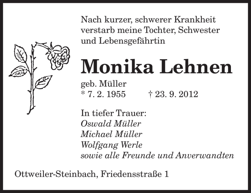  Traueranzeige für Monika Lehnen vom 29.09.2012 aus saarbruecker_zeitung