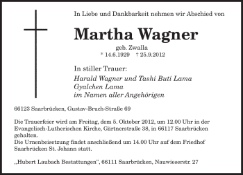 Traueranzeige von Martha Wagner von saarbruecker_zeitung