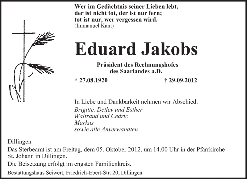  Traueranzeige für Eduard Jakobs vom 02.10.2012 aus saarbruecker_zeitung