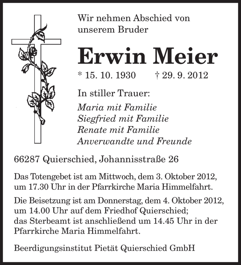  Traueranzeige für Erwin Meier vom 02.10.2012 aus saarbruecker_zeitung