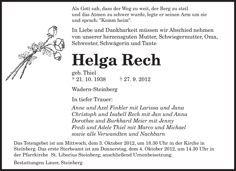  Traueranzeige für Helga Rech vom 02.10.2012 aus saarbruecker_zeitung