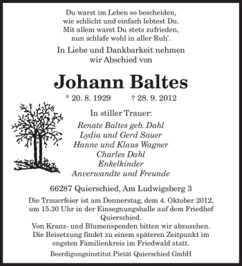 Traueranzeige von Johann Baltes von saarbruecker_zeitung