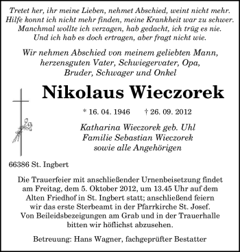 Traueranzeige von Nikolaus Wieczorek von saarbruecker_zeitung