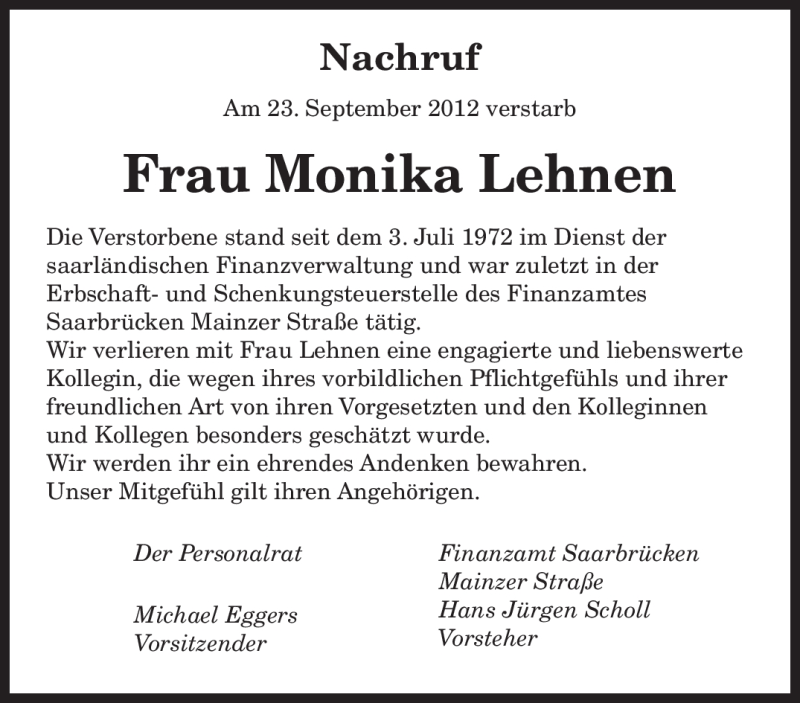  Traueranzeige für Monika Lehnen vom 04.10.2012 aus saarbruecker_zeitung