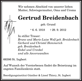 Traueranzeige von Gertrud Breidenbach von saarbruecker_zeitung