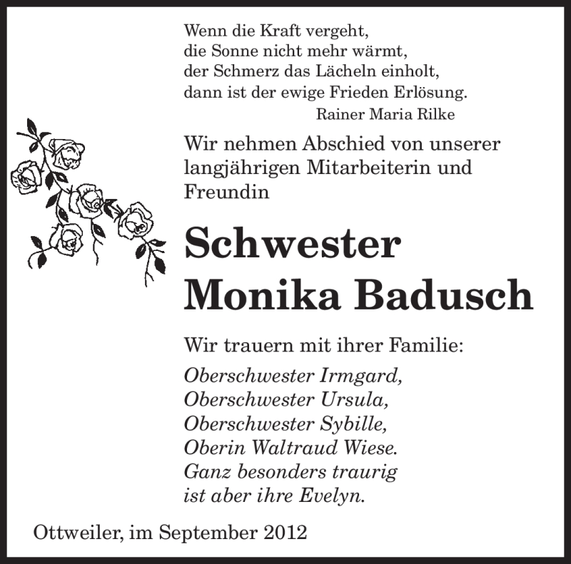 Traueranzeige für Monika Badusch vom 04.10.2012 aus saarbruecker_zeitung
