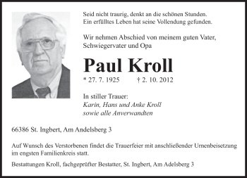 Traueranzeige von Paul Kroll von saarbruecker_zeitung