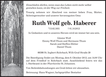 Traueranzeige von Ruth Wolf von saarbruecker_zeitung