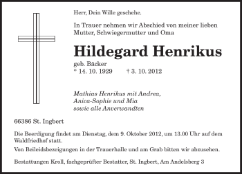 Traueranzeige von Hildegard Henrikus von saarbruecker_zeitung