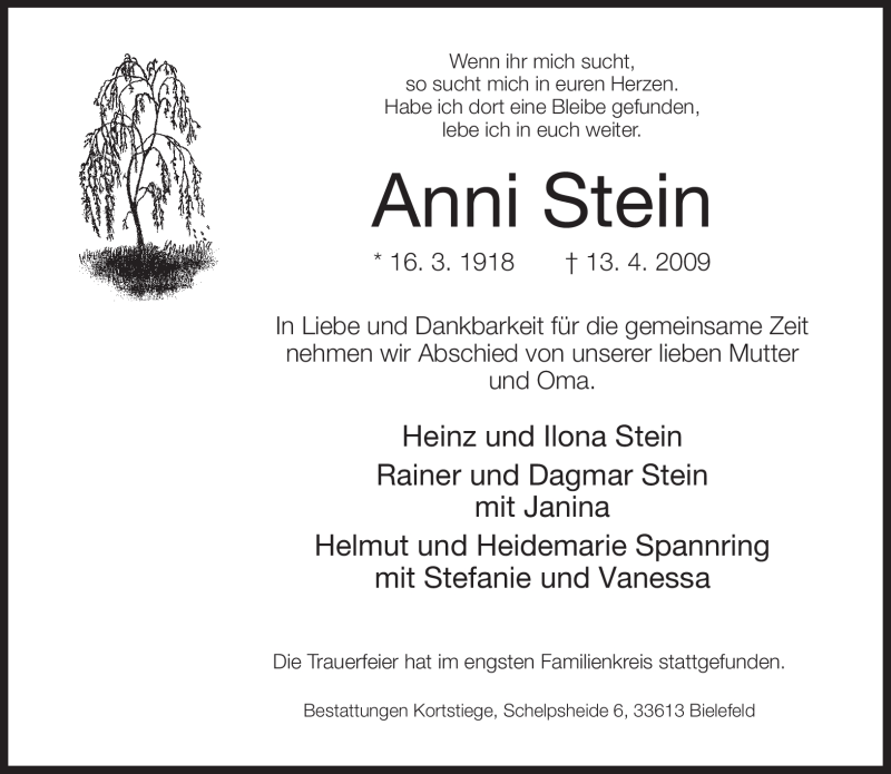 Traueranzeige für Anni Stein vom 01.05.2009 aus 