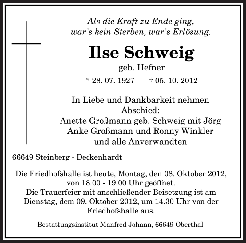  Traueranzeige für Ilse Schweig vom 08.10.2012 aus saarbruecker_zeitung